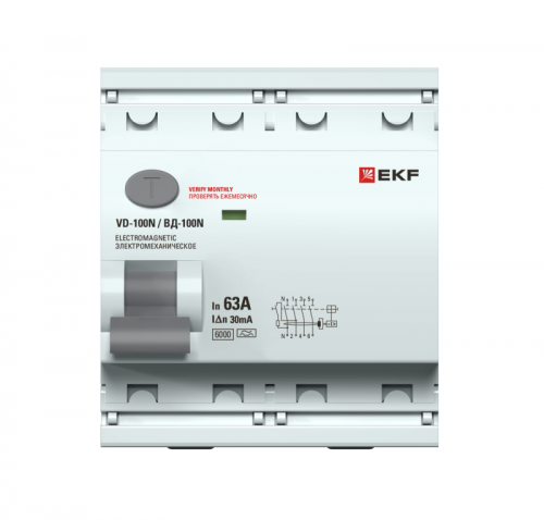 Выключатель дифференциального тока 4п 63А 30мА тип A 6кА ВД-100N электромех. PROxima EKF E1046MA6330 фото 2