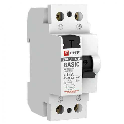 Выключатель дифференциального тока (УЗО) 2п 16А 30мА тип AC Basic (электрон.) EKF elcb-2-16-30e-sim